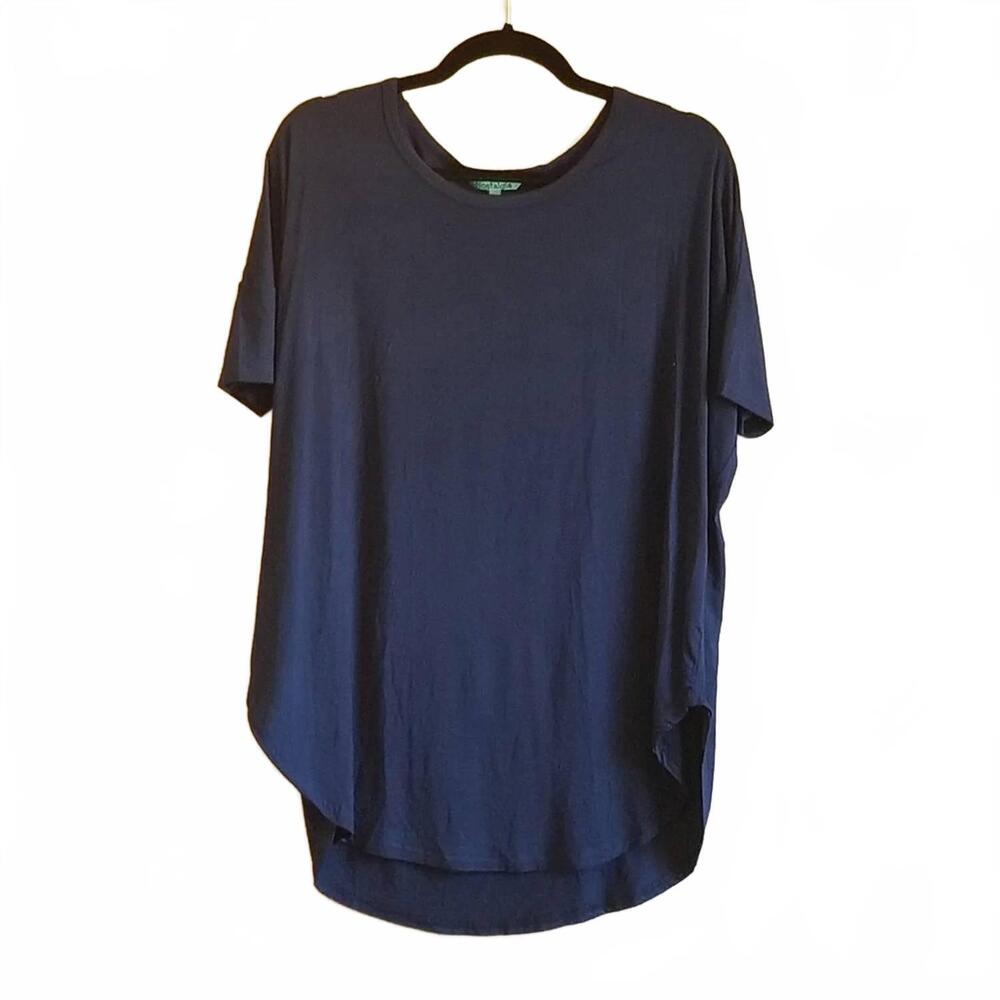 NEW NOSTALGIA women's short sleeve curved hem dolman top in navy